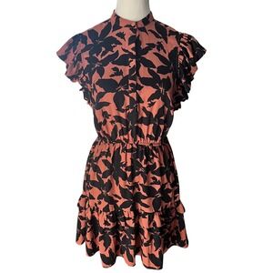 Joie Krystina Pink Black Floral Mock Neck Ruffle Mini Dress Women XS
